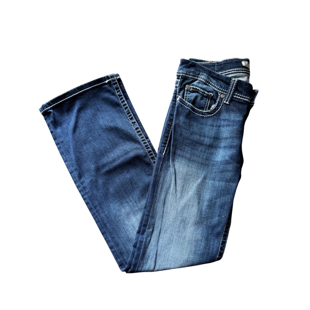 BKE Stella Denim Jeans Womens Size 28R Bootcut Dark Wash White Stitch